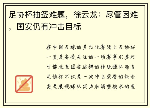 足协杯抽签难题，徐云龙：尽管困难，国安仍有冲击目标