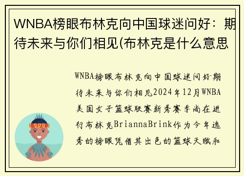 WNBA榜眼布林克向中国球迷问好：期待未来与你们相见(布林克是什么意思)