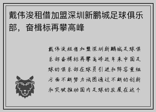 戴伟浚租借加盟深圳新鹏城足球俱乐部，奋楫标再攀高峰