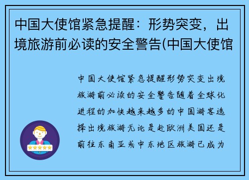 中国大使馆紧急提醒：形势突变，出境旅游前必读的安全警告(中国大使馆入境政策)