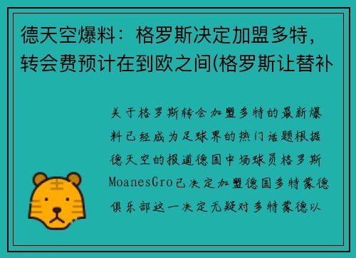 德天空爆料：格罗斯决定加盟多特，转会费预计在到欧之间(格罗斯让替补)
