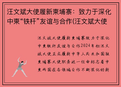 汪文斌大使履新柬埔寨：致力于深化中柬“铁杆”友谊与合作(汪文斌大使年轻照片)
