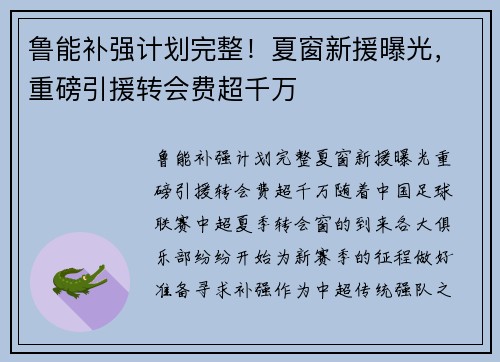 鲁能补强计划完整！夏窗新援曝光，重磅引援转会费超千万